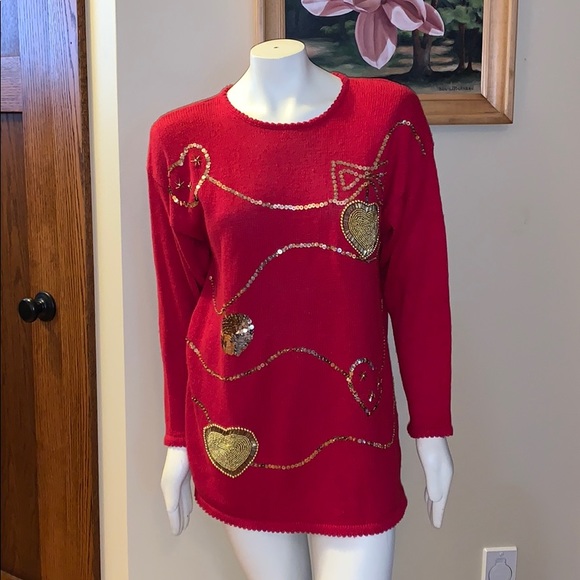 Vintage Sweaters - Kathie Lee red & gold sequined tunic sweater. L